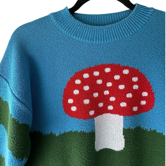 ZARA MUSHROOM SWEATER LIKE NEW BLUE & GREEN CHECKERBOARD COTTON BLEND | SMALL - Picture 4 of 10